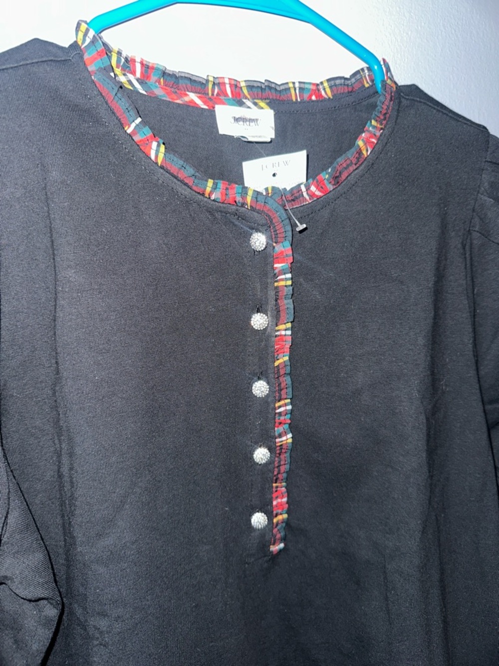 J. Crew NWT‎ Black Long-Sleeve tartan and jewels Henley women’s medium - Picture 6 of 12